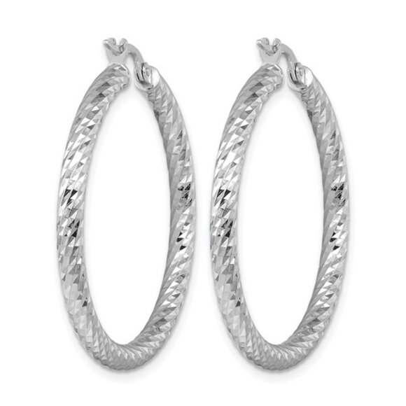 Herco 14k White gold diamond-cut and twisted 3.0 round hoop Earrings, RH Plated - Picture 5 of 5
